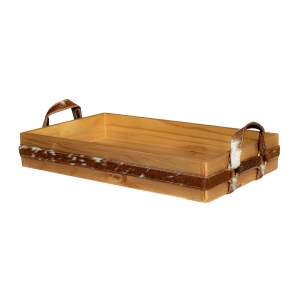 Bandeja Retangular M em Pinus - Mel Pinus - Couro com Pelo